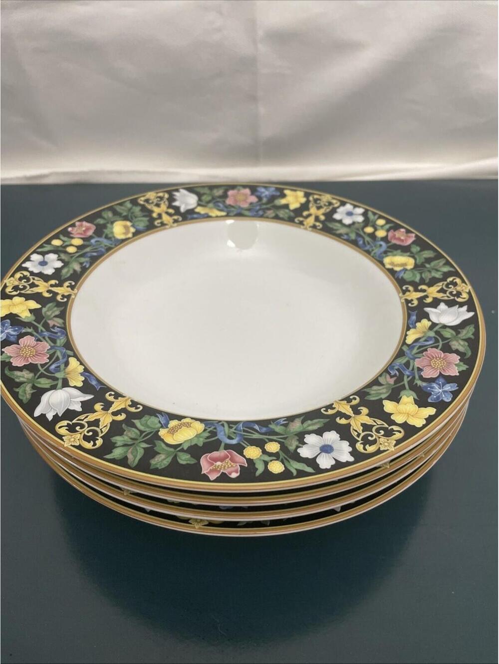 Set Of 4 Pfaltzgraff Bella Donna Bowls Black Floral Gold Bowl